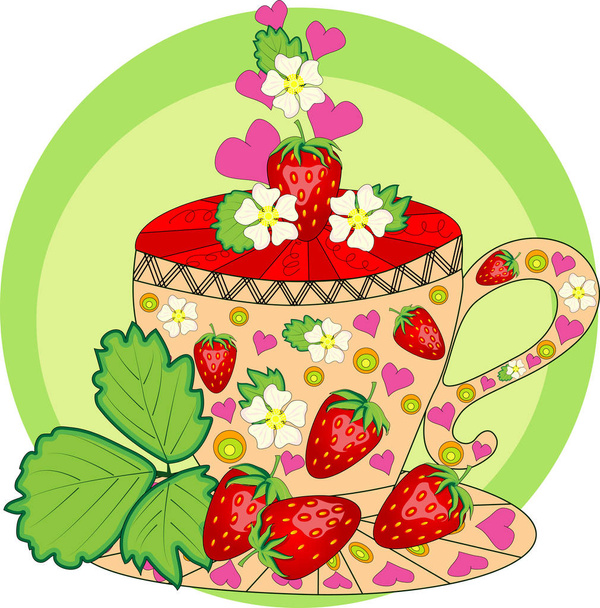 Strawberry tea. Tea cooked with love. A cup with strawberries, decorated with leaves and flowers - Vektor, kép