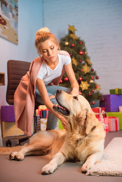 beautiful young blonde woman sitting and stroking golden retriever dog at christmas time - Фото, изображение