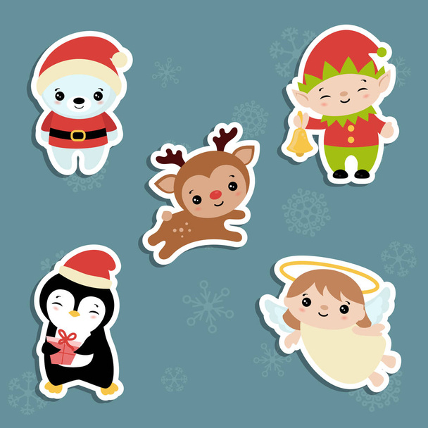 Set of cute cartoon characters. Christmas theme. - Wektor, obraz
