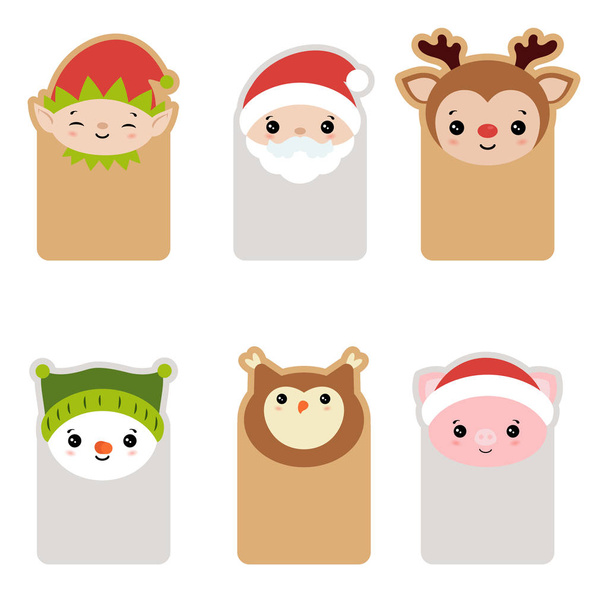 Collection of cards with cute cartoon characters head. Christmas theme. - Vetor, Imagem