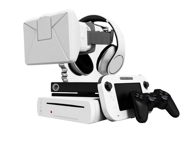Zestaw gra konsole kamery przenośnej konsoli do gry w słuchawkach i okulary wirtualnej rzeczywistości na stoisku render 3d na białym tle bez cienia - Zdjęcie, obraz