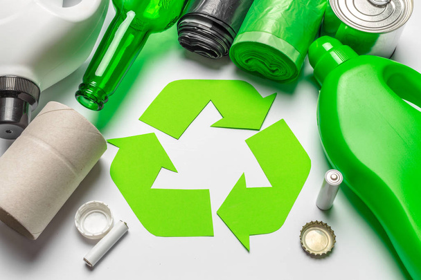 Eco concept with recycling symbol on table background top view - 写真・画像