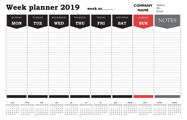 Týdenní kalendář planner 2019, plán a organizátor pro firmy a soukromé použití - Vektor, obrázek