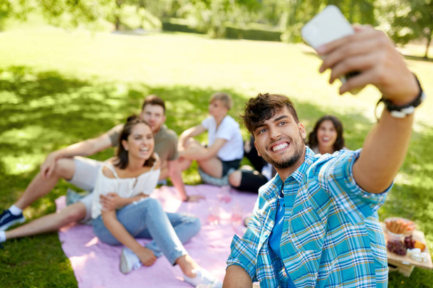 friends taking selfie by smartphone at picnic - Фото, изображение