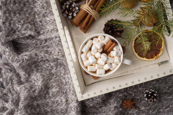Hot chocolate with marshmallow cinnamon sticks, anise, nuts on wooden tray, Christmas concept. - Fotografie, Obrázek