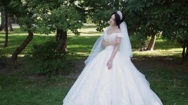 eine sehr schöne Braut steht allein im Park und sorgt sich, während sie auf den Bräutigam wartet - Filmmaterial, Video