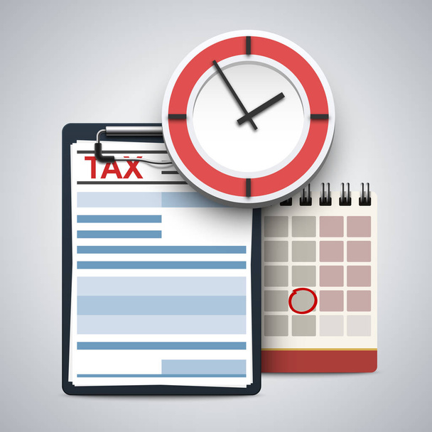 Πρόχειρο με φορολογικό έντυπο, ρολόι τοίχου και ημερολόγιο κτυπήματος. Έννοια του φόρου ημέρα, υπολογισμός, πληρωμή ή επιστροφή. Ρεαλιστική διανυσματικά εικονογράφηση που απομονώνονται σε λευκό φόντο - Διάνυσμα, εικόνα