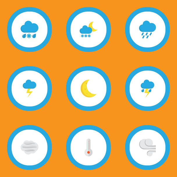 Iconos de aire de estilo plano con brotes, nieve de lluvia, viento y otros elementos lunares. Iconos de aire de ilustración de vector aislado
. - Vector, Imagen