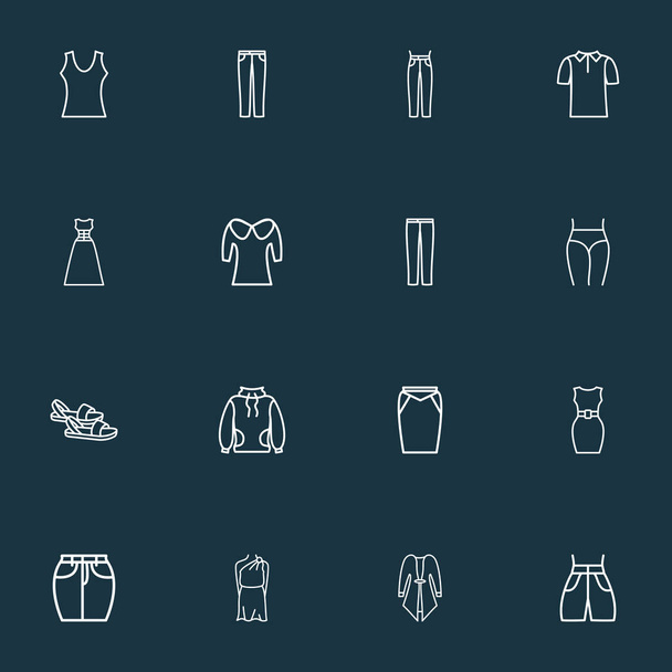 Modieuze pictogrammen lijnstijl ingesteld met zwembroek, puriteinse kraag, jeans en andere elementen van de t-shirt. Geïsoleerde vector illustratie modieuze pictogrammen. - Vector, afbeelding