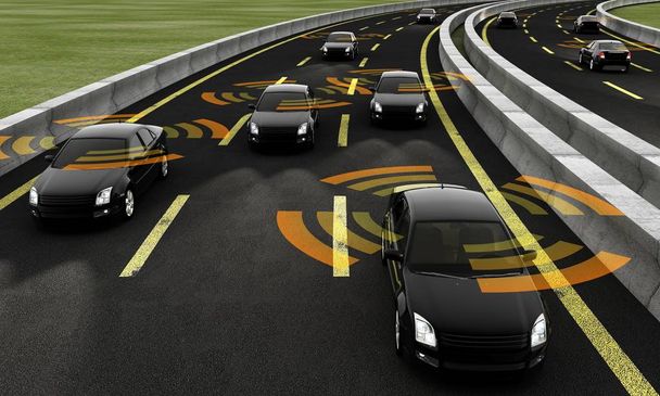 Autonomiczne samochodów na drodze, renderowania 3d - Zdjęcie, obraz
