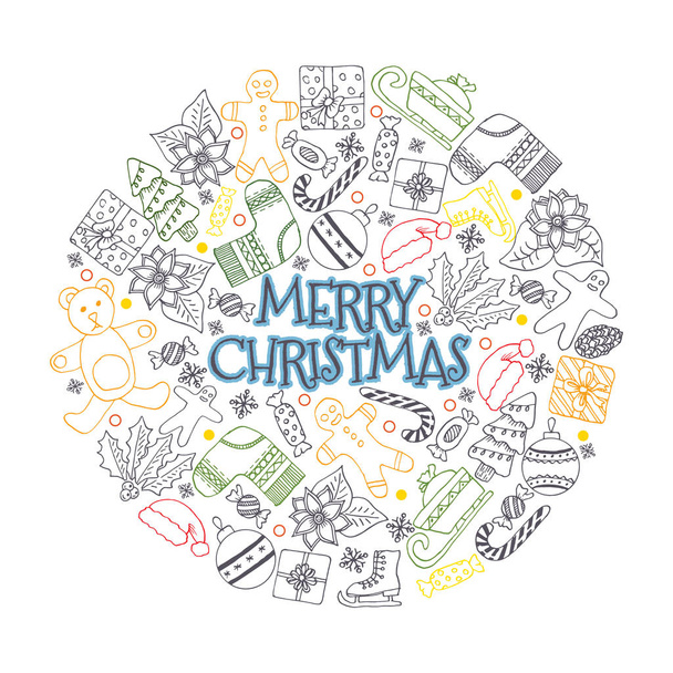 Vektormuster mit handgezeichneten Tannenbäumen, Geschenk, Schleifen, Weihnachtsspielzeug. saisonale Winter Hintergrund auf dem weißen Papier - Vektor, Bild