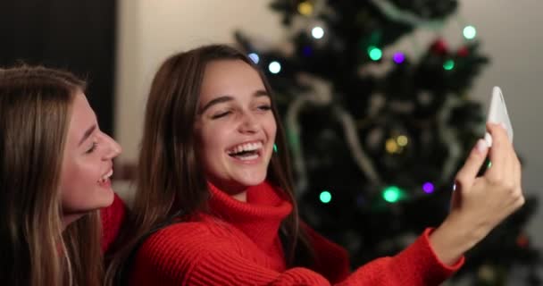 New Year celebration. 4k. Two girls take selfie on the smartphone sitting on the couch before a Christmas tree - Metraje, vídeo