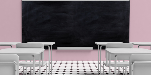 Conceito de educação. Quadro negro em sala de aula vazia com mesas brancas, contra fundo de parede rosa e azulejos octógonos preto e branco, ilustração 3d
. - Foto, Imagem
