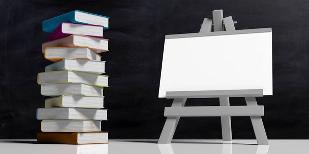 Onderwijs concept. Whiteboard op vouwen houten ezel, geïsoleerd tegen zwarte achtergrond en een stapel kleurrijke boeken, 3d illustratie. - Foto, afbeelding
