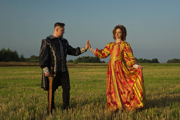 Knight with sword and girl in vintage dress in summer fiel - Foto, immagini