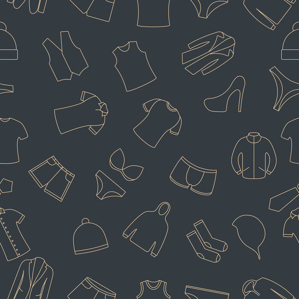 Nahtloses Muster aus einer Reihe von Kleidungssymbolen mit dünnen Linien, Vektorillustration. - Vektor, Bild