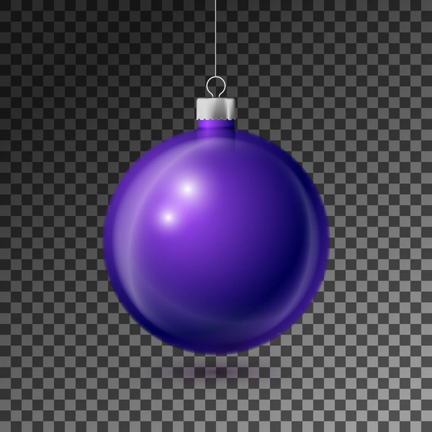 Realistic Purple Christmas ball with silver ribbon, isolated on transparent background. Merry Christmas greeting card. Vector illustration - Wektor, obraz