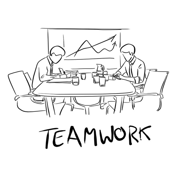 два бизнесмена, работающие вместе за столом с графиком на доске векторной иллюстрации эскиз рисунок каракули руки с черными линиями, изолированными на белом фоне
 - Вектор,изображение