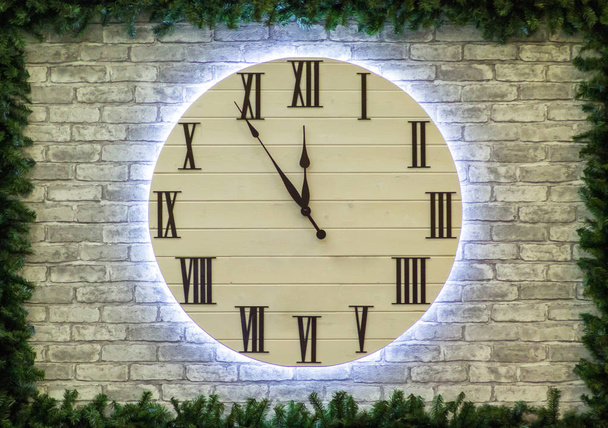Christmas or New Year clock on brick wall. Happy new year 2019 concept - Fotoğraf, Görsel