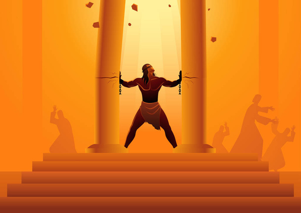 Biblical vector illustration series, Samson held the pillars of the temple and pushing them apart - Vector, Image
