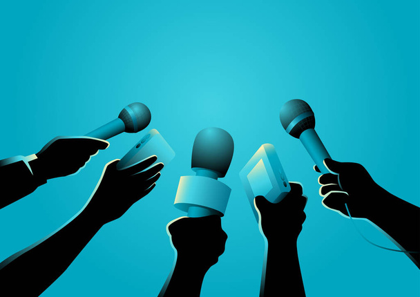 Vector illustration of hands holding microphones and recorders, journalism symbol - Vector, Image