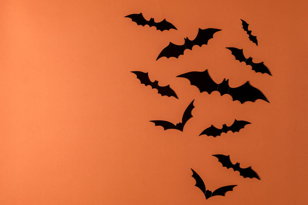 Halloween holiday minimal top view of bats on orange background. Halloween minimal concept. - Photo, Image