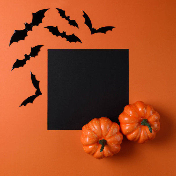 Halloween holiday minimal top view of bats and pumpkin on orange background. Halloween minimal concept. - Photo, image