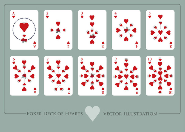 Deck of hearts. From Ace to ten of hearts. Deck of cups. Glasses of red wine and roses. - Vector, Image