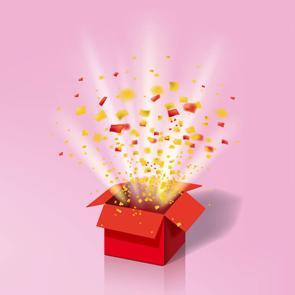 Open Red Gift Box and Colour Confetti. Bright Rays. Vector Illustration. Isolated, Template Baner, Poster - Vector, Image