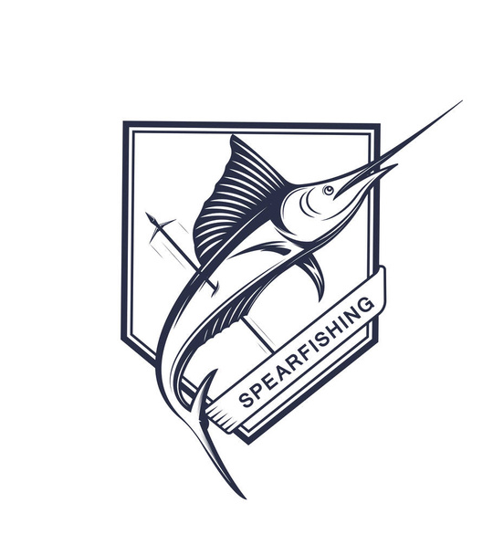 Ilustración vectorial de la etiqueta y el signo de pesca con lanza. Insignia y símbolo de pez espada en estilo vintage
. - Vector, Imagen