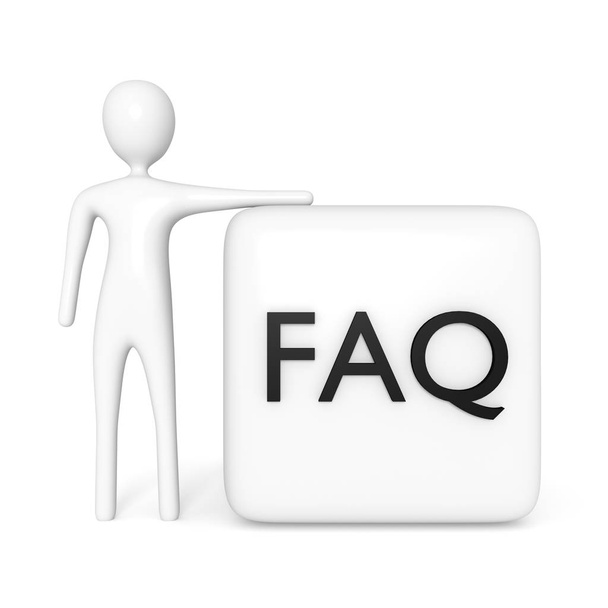 FAQ cube avec un homme blanc 3d sur fond blanc, illustration 3d
 - Photo, image