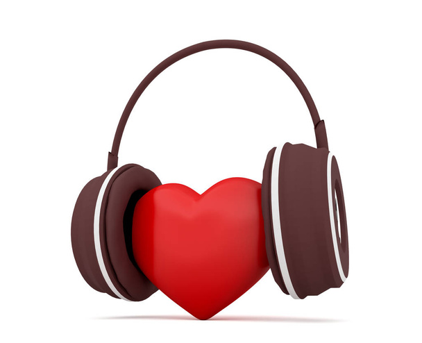 Любовь Музыка, Красное Сердце с наушниками, 3D иллюстрация на белом фоне
 - Фото, изображение
