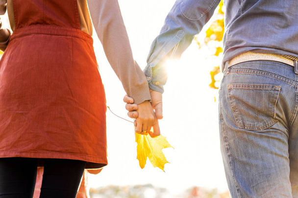 Young couple in love walking in the autumn park holding hands looking in the sunset - Foto, Imagen