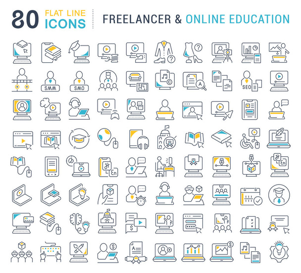 Set von Vektorzeilensymbolen von Freelancer und Online-Bildung für moderne Konzepte, Web und Apps. - Vektor, Bild
