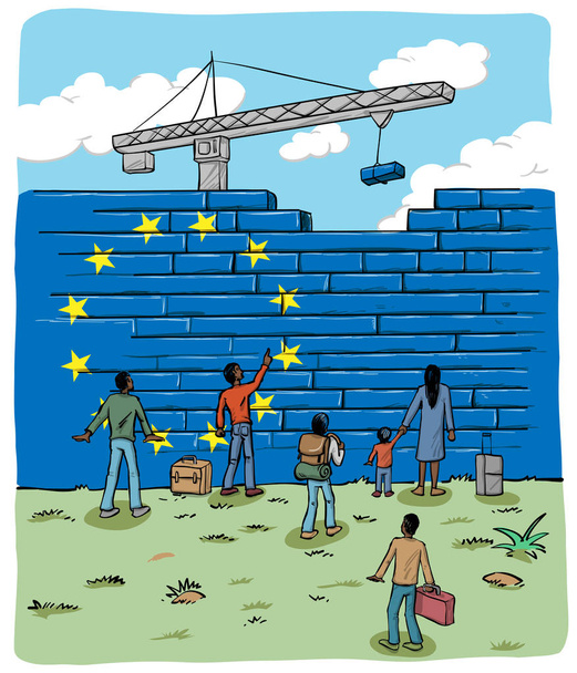  άτομα πρόσφυγες μπροστά από μια σημαία Ευρωπαϊκής τοίχων  - Διάνυσμα, εικόνα