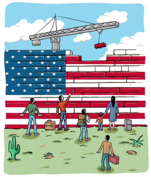  refugiados frente a una bandera de la pared de EE.UU.
 - Vector, imagen