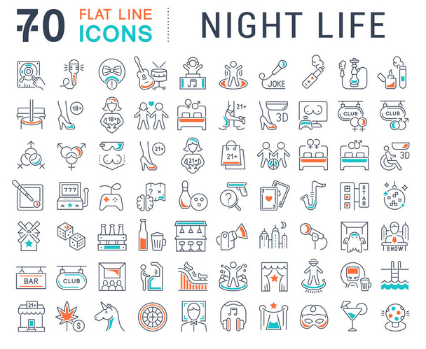 Set of vector line icons of night life for modern concepts, web and apps. Sex communities, attractions, shows, bars, pubs, parties, smoking, dancing, quests, carnivals, computer clubs, music concerts. - Vector, Image