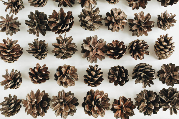 Pine cones pattern on white background. Flat lay, top view winter composition. - Photo, Image
