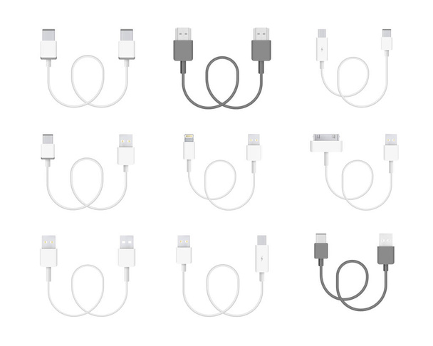 The realistic vector collection of cables. Connectors or plugs for connecting and charging phones, mobile devices, computers, tv, tablets, and game consoles. - Vector, Image