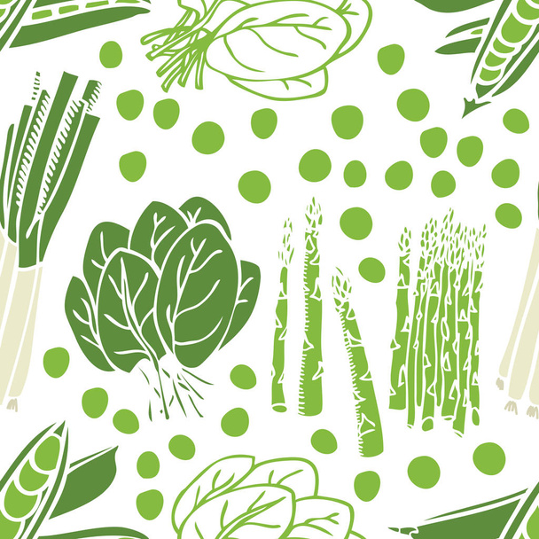 Food Collection Sweet peas, asparagus, spring onion and spinach Seamless pattern - Vektor, obrázek