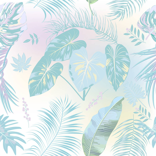 Vector tropical seamless pattern in trendy pastel colors. Can be used for textile, brochure template, poster, wedding invitation or card design with jungle leaves. Exotic botanical design for cosmetics, spa, perfume, aroma, beauty salon. - Vector, Imagen