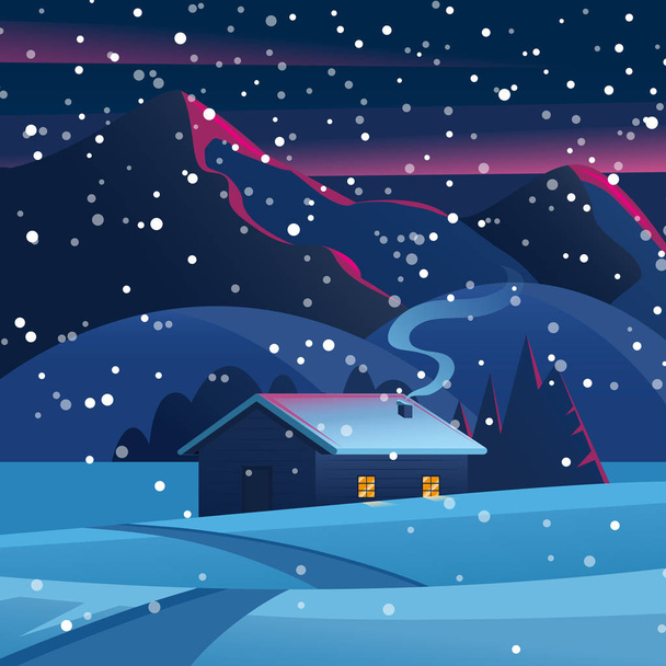 Casa de paisaje de Navidad en el bosque de invierno. Paisaje nocturno con montañas y una cabaña solitaria. Vector del paisaje invernal
. - Vector, imagen