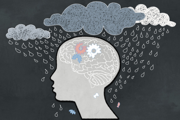 Depresszió fogalmát, a nagy mennyiségű eső közvetlen célja egy törött agy depressziós emberi profil. Kréta, táblára illusztrált - Fotó, kép