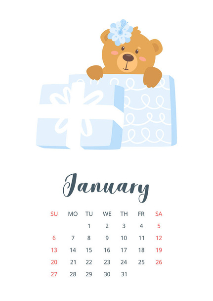 2019 χαριτωμένο αρκουδάκι ημερολόγιο - Διάνυσμα, εικόνα