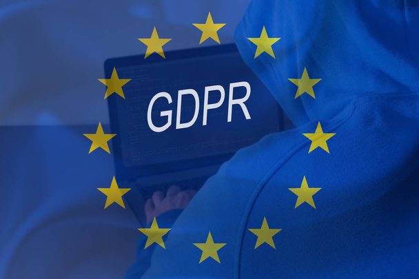 GDPR. Hacker working with laptop. General Data Protection Regulation. Cyber security and privacy. - Фото, изображение