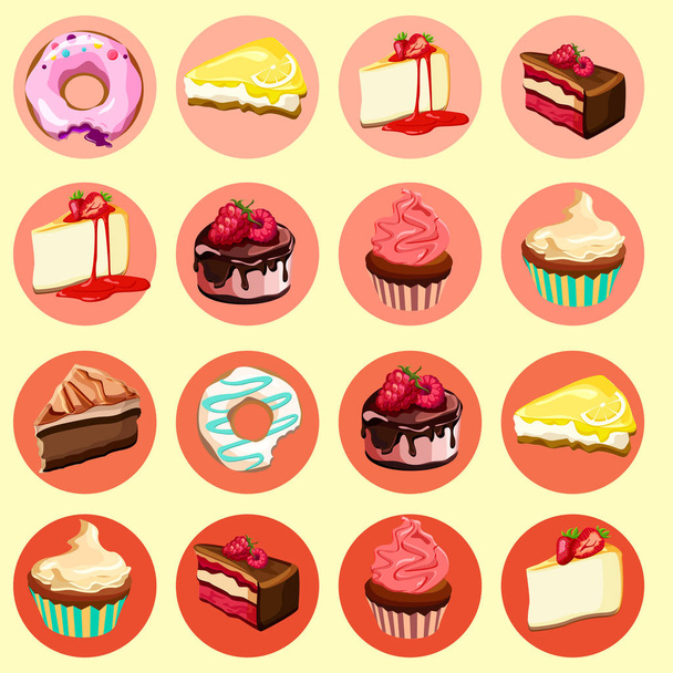 Round colorful icons with delicious cakes. - Вектор,изображение