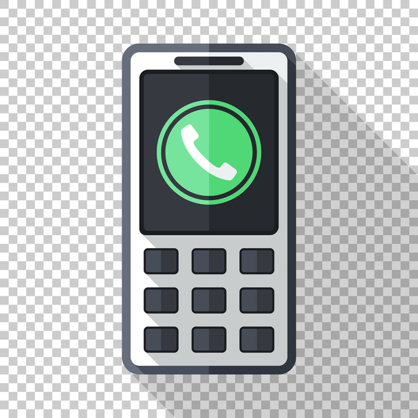 Icono clásico del teléfono celular en estilo plano con pictograma verde de llamada entrante y sombra larga sobre fondo transparente
 - Vector, imagen