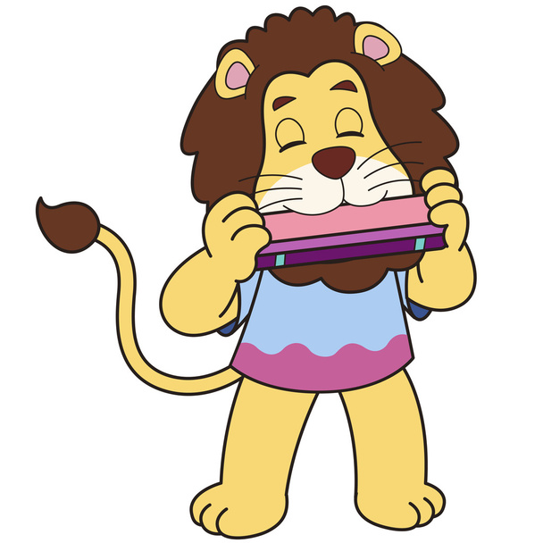 Cartoon Lion Playing a Harmonica - Vektör, Görsel