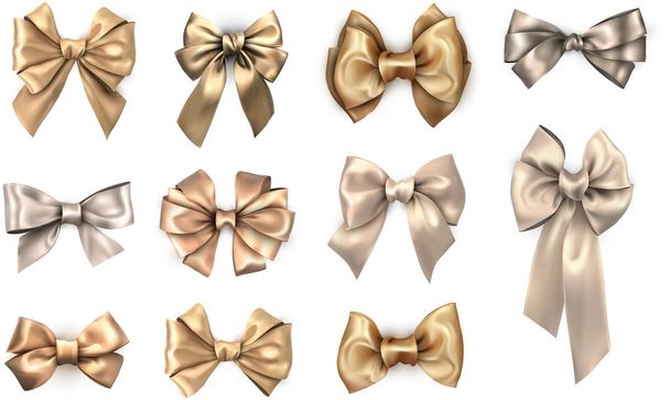 Gold realistic satin bows isolated on white. - Vector, Image