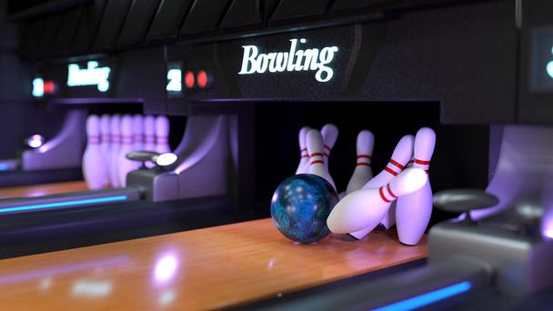 Foto van de bowling bal raken van pins scoren een staking. De bowling bal is klaar om te staken. Bowlen van 3D-Rendering - Foto, afbeelding